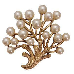 Trifari Crown Over T Gold Tone Faux Pearl Coral Branch Brooch, Signed E472